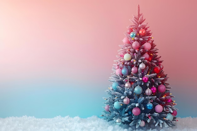 Festive Christmas Tree with Colorful Ornaments in Frosted Winter Wonderland for Holiday Decor Design