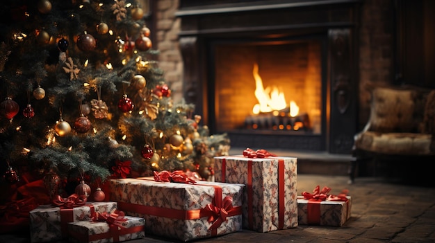 Festive Christmas Tree with Fireplace Background Cozy Holiday Decor in a Warm Living Room