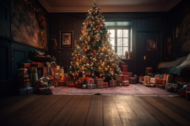 Festive Christmas Tree with Presents and Baubles