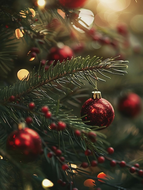 Festive Christmas Tree with Red Ornaments and Warm Lights