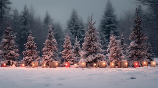 Photo festive christmas trees with red and gold garlands in snowy starflake forest near red gift boxes