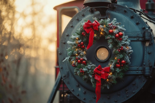 Photo festive christmas wreath adorns old locomotive