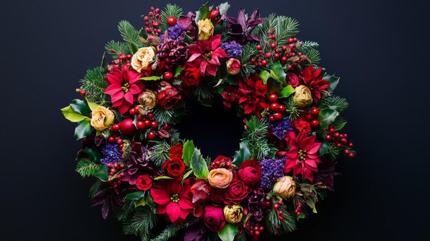 Photo festive christmas wreath with red white and purple flowers and berries