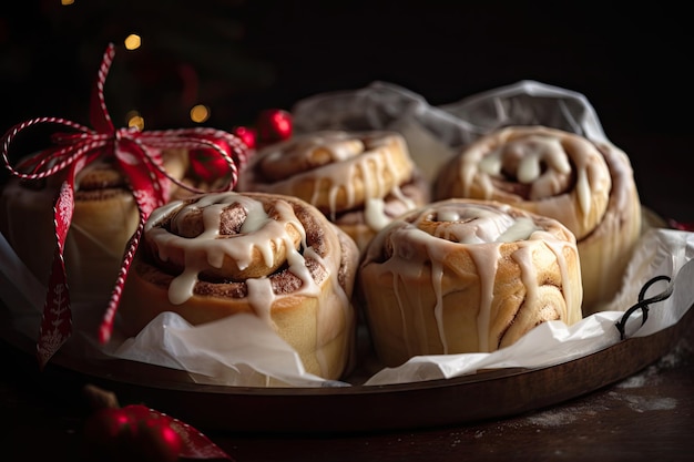 Festive cinnamon buns wrapped and tied with a red ribbon