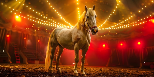 A festive circus white horse under bright yellow and red lights Concept Circus Animals Festive Lights White Horse Colorful Circus Bright Yellow and Red