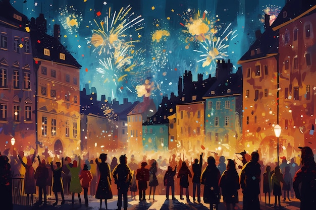 A festive in a city square with fireworks digital art illustration generative AI