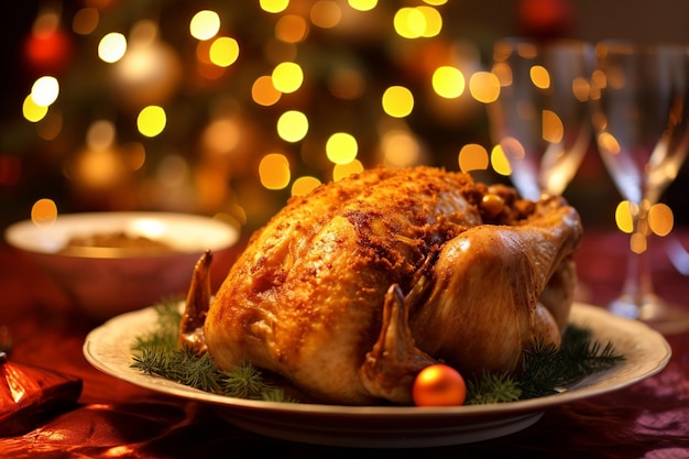 Festive closeup of golden Christmas turkey with blurred decorations in the background