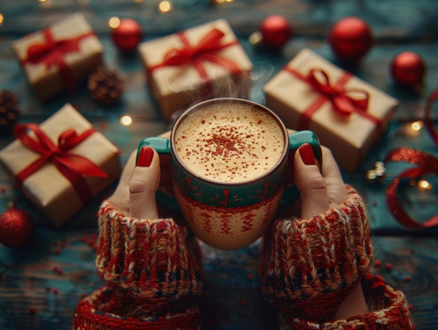 Photo festive coffee time giftwrapped presents