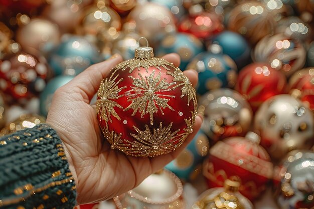 Photo festive collection of beautiful red christmas ornaments for holiday decor