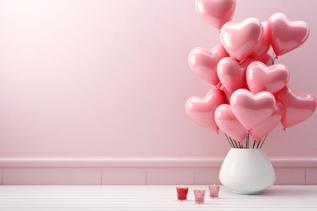 Festive composition of pink heartshaped balloons against the studio pink background valentines day