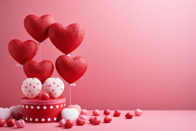 Festive composition of round gift box heart shaped candies and lollipops on pink background