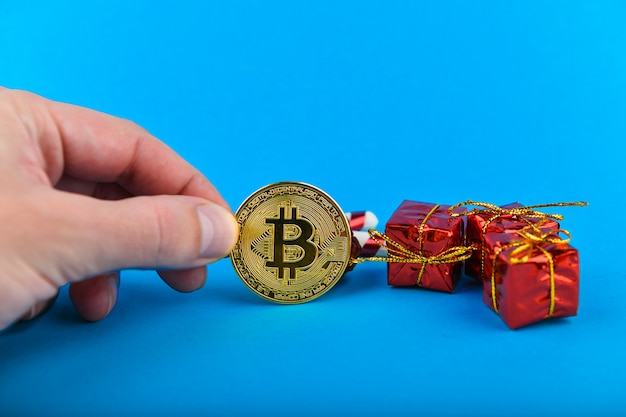 Festive concept of bitcoins. Bitcoin and Christmas.