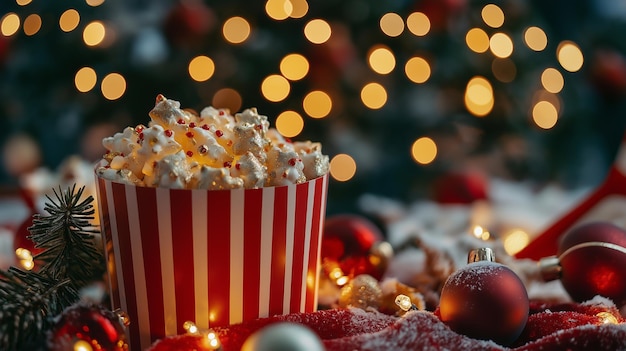 Photo a festive container of popcorn surrounded by sparkling lights and holiday decorations creating a coz