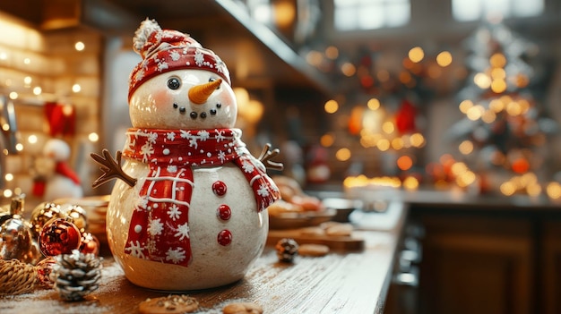 Festive cookie jar shaped like a snowman placed on a kitchen counter warm glow