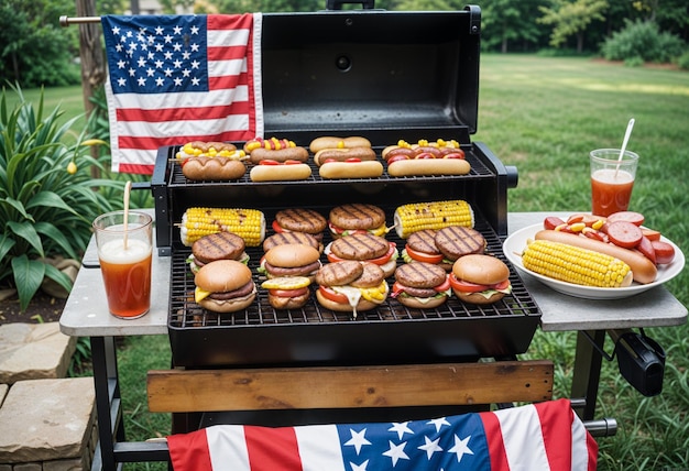 Festive Cookout Burgers Hotdogs and Corn