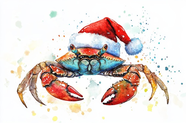 Festive Crab in a Santa Hat Watercolor Illustration A cheerful crab wearing a Santa hat symb