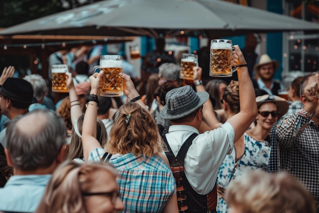 Photo festive crowd cheers with beer steins at a bavarian event a festive crowd of people wearing traditional bavarian clothing raising their steins in celebration