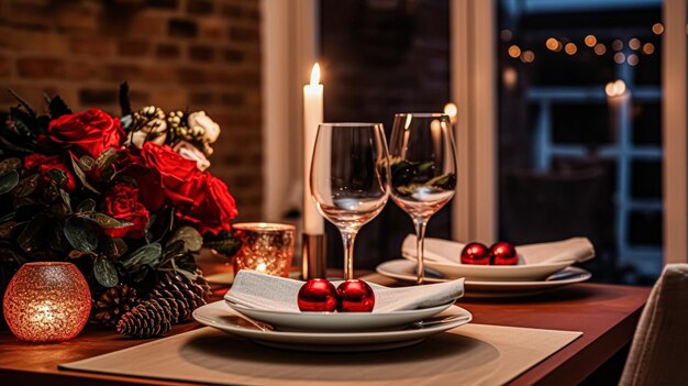 Festive date night tablescape idea dinner table setting for two and Christmas New Year Valentines day decor English country home styling