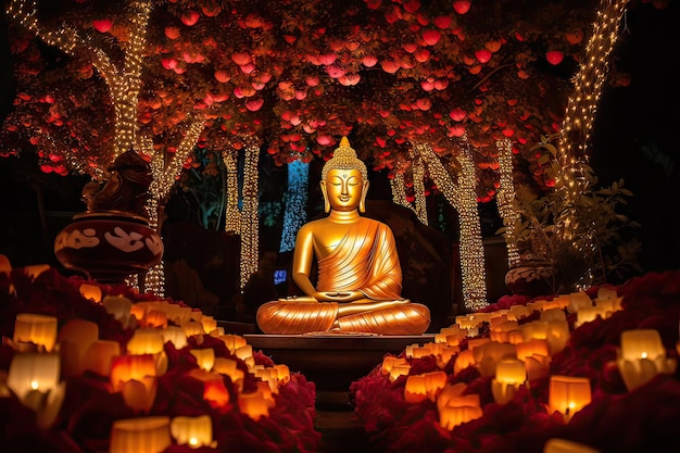 Festive decoration around buddha at night generative AI