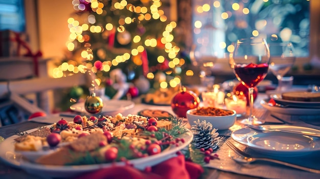 Festive decorations adorn a Christmas dinner table with a beautiful tree in the background wine food and warm bokeh lights creating a cozy atmosphere