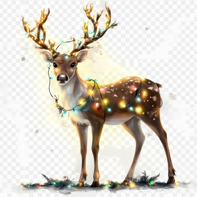 A festive deer adorned with colorful lights creating a cheerful holiday atmosphere