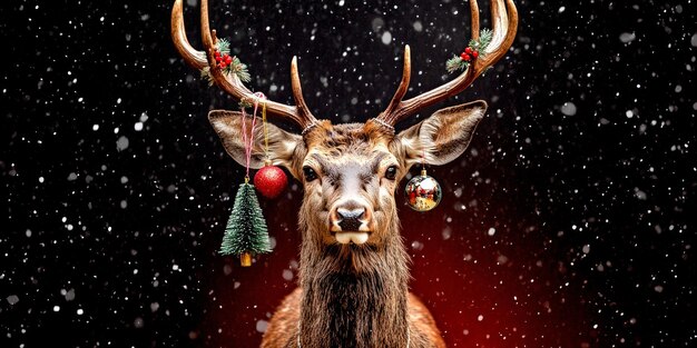 Photo a festive deer adorns its antlers with holiday decorations snow falls gently in a winter wonderland this image captures the spirit of christmas cheer perfect for seasonal themes ai