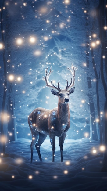 A festive deer sparkles with lights in a winter wonderland Generative AI