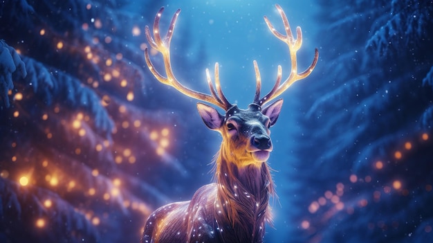 A festive deer sparkles with lights in a winter wonderland Generative AI