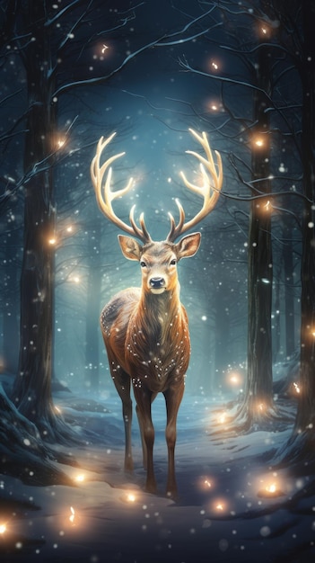 A festive deer sparkles with lights in a winter wonderland Generative AI