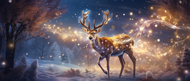 A festive deer sparkles with lights in a winter wonderland Generative AI