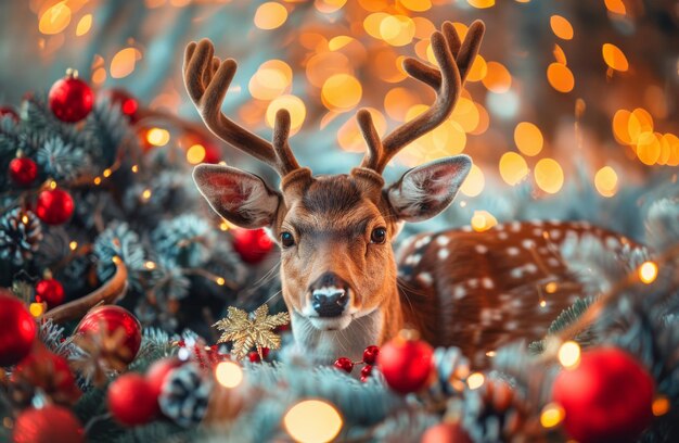 Photo festive deer with antlers surrounded by christmas decorations concept of holiday festive christmas decoration