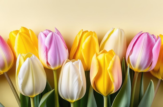 festive design lively spring flowers many beautiful tulips with blossom on colorful background