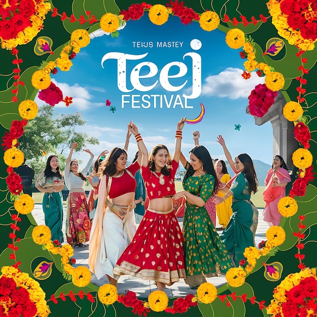 Photo festive design for a teej festival banner showcasing a joyous celebration