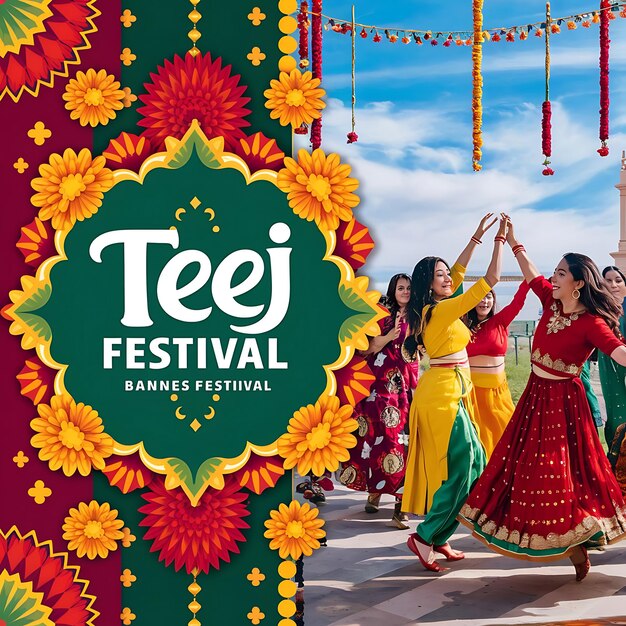 Photo festive design for a teej festival banner showcasing a joyous celebration