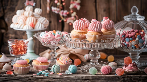 Festive dessert table with holidaythemed cupcakes and candy copy space