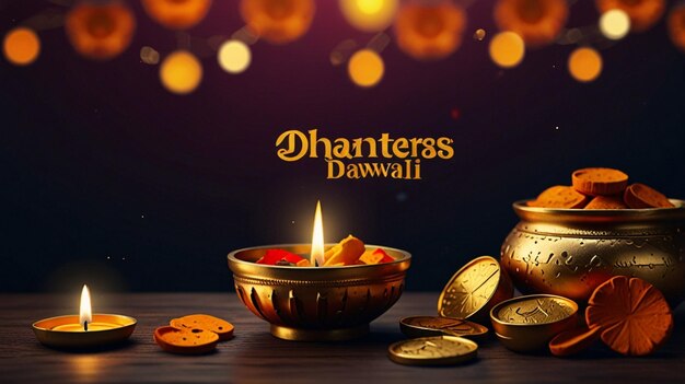 Photo festive dhanteras greeting background kalash diya gold coins diwali vector illustration