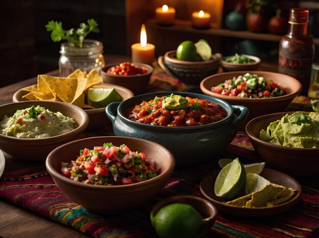 Photo a festive dinner table with a central bowl of homemade salsa