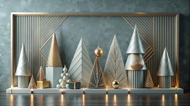 Photo a festive display featuring decorative trees and ornaments in a modern setting