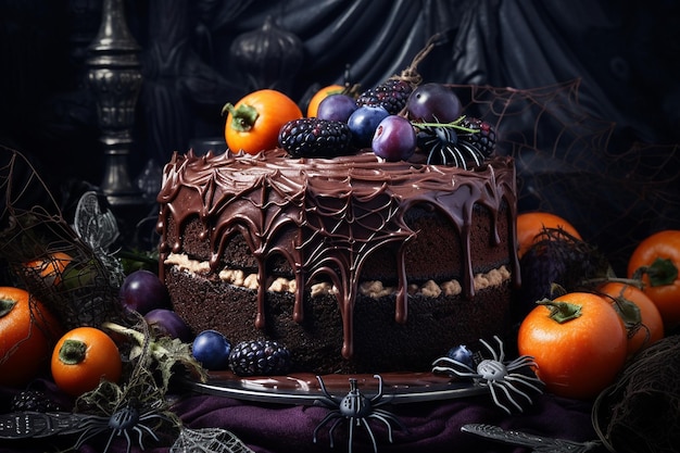 Festive display of Halloween themed chocolate cakes with spooky designs