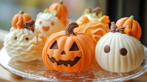 A festive display of Halloweenthemed desserts featuring pumpkins and ghost designs