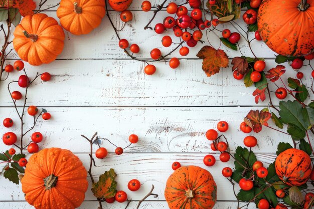 A festive display of pumpkins and berries on a white wooden table Perfect for autumn and Thanksgiving themed designs