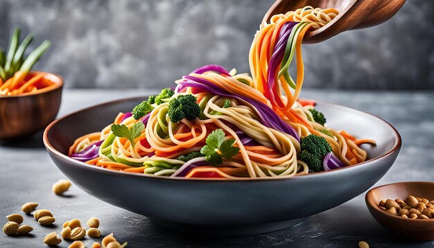 Photo festive display of rainbowcolored veggie noodles served with peanut sauce