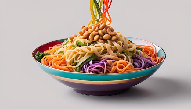 Photo festive display of rainbowcolored veggie noodles served with peanut sauce