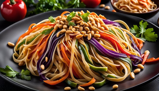 Photo festive display of rainbowcolored veggie noodles served with peanut sauce