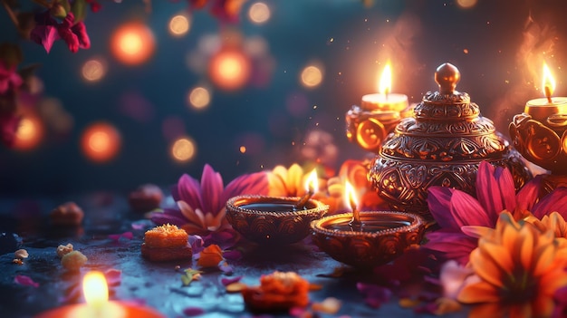 Festive Diwali Lamps with Flowers and Bokeh Lights