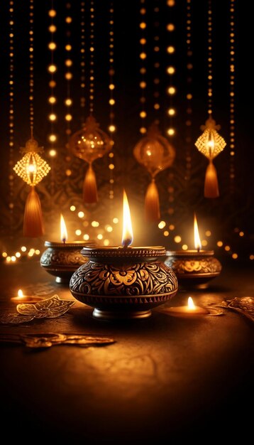 Festive Diwali oil lamps scene