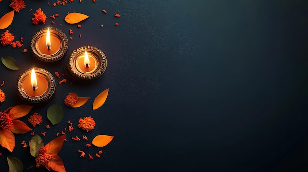 Photo festive diwali scene with diyas and paper flowers