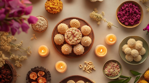 Photo festive diyas and sweets arranged elegantly for diwali celebration in an inviting atmosphere