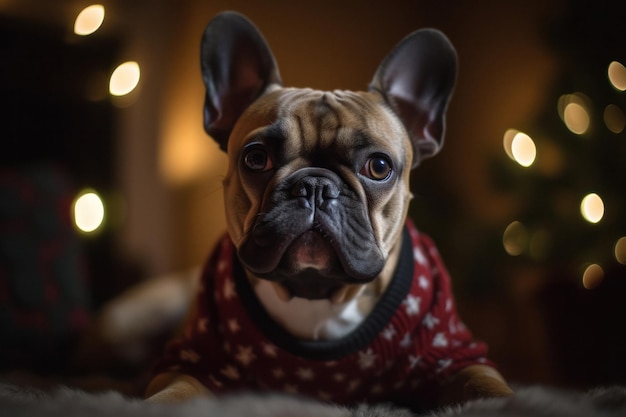 Festive Dog in Christmas Sweater with Tree and Fireplace