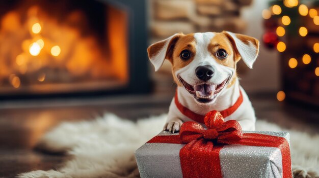 Photo festive dog smiling and dressed as a christmas gift wrapped in sparkling paper with a big red bow in a cozy living room